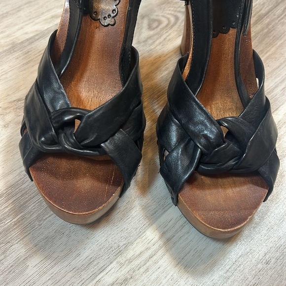 Vintage Y2K Kenneth Cole Tribeca Slingback Heels Black Leather Wooden Platform - Picture 10 of 12